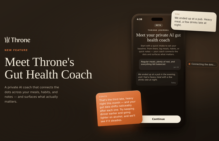 Throne's Gut Health Coach app interface showing a private gut health coach connecting diet, lifestyle, and habits with journal entries to surface personalized gut health insights.
