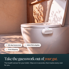 Throne sensor clipped to a toilet rim in a sunlit bathroom, with the headline "Take the guesswork out of your gut."