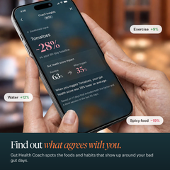 Hands holding a phone with a Throne Coach insight about tomatoes, with the headline "Find out what agrees with you."