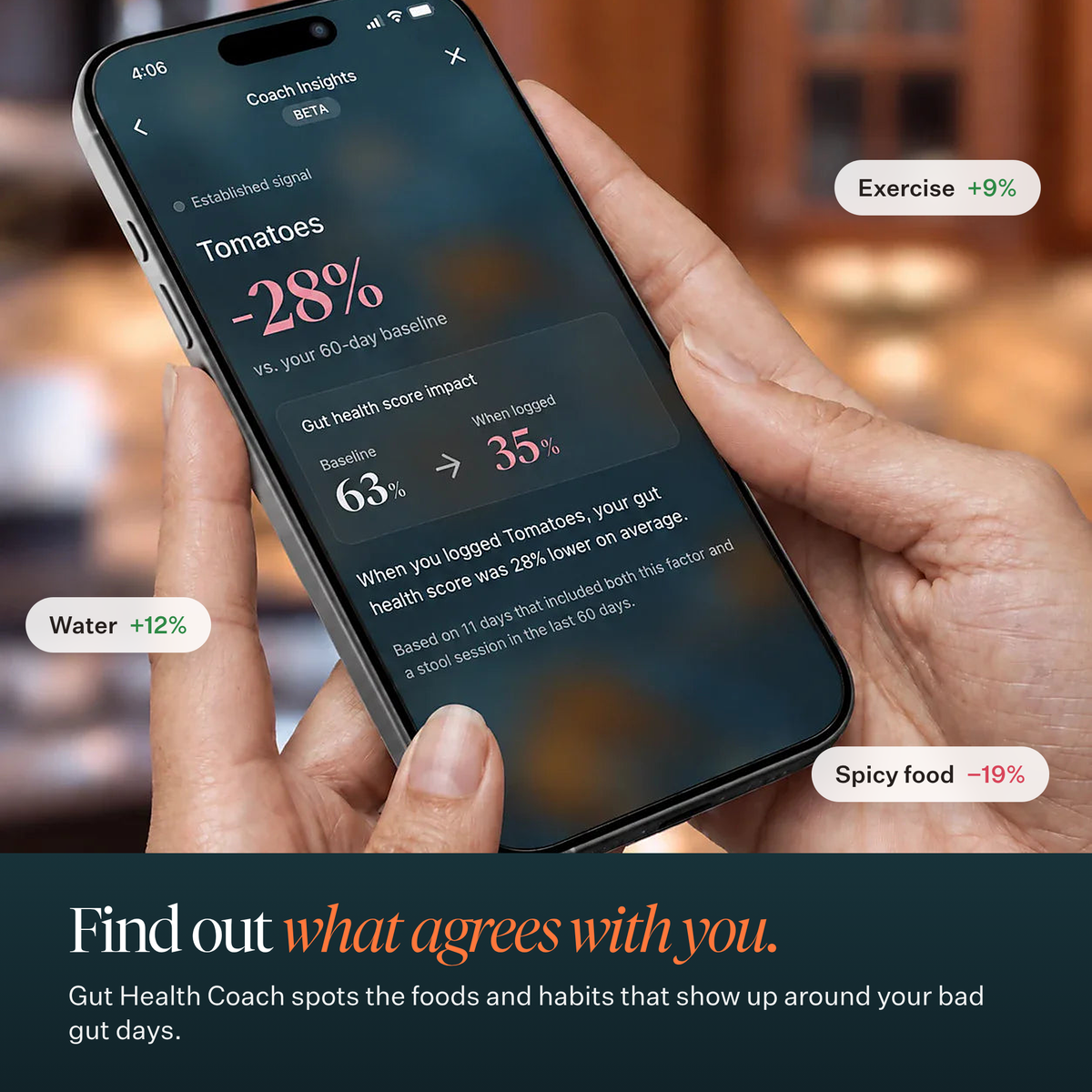 Hands holding a phone with a Throne Coach insight about tomatoes, with the headline "Find out what agrees with you."
