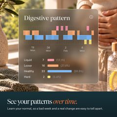 Throne digestive pattern chart of stool types over several weeks, with the headline "See your patterns over time."