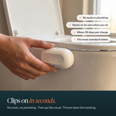 A hand clipping the Throne sensor onto a toilet rim, with the headline "Clips on in seconds."