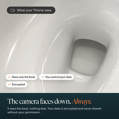 Downward view into a clean toilet bowl, the only thing Throne sees, with the headline "The camera faces down. Always."