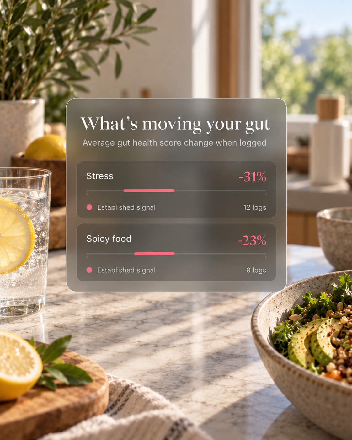 Throne app card titled What's moving your gut: stress lowers the average gut health score by 31% and spicy food by 23%, both established signals