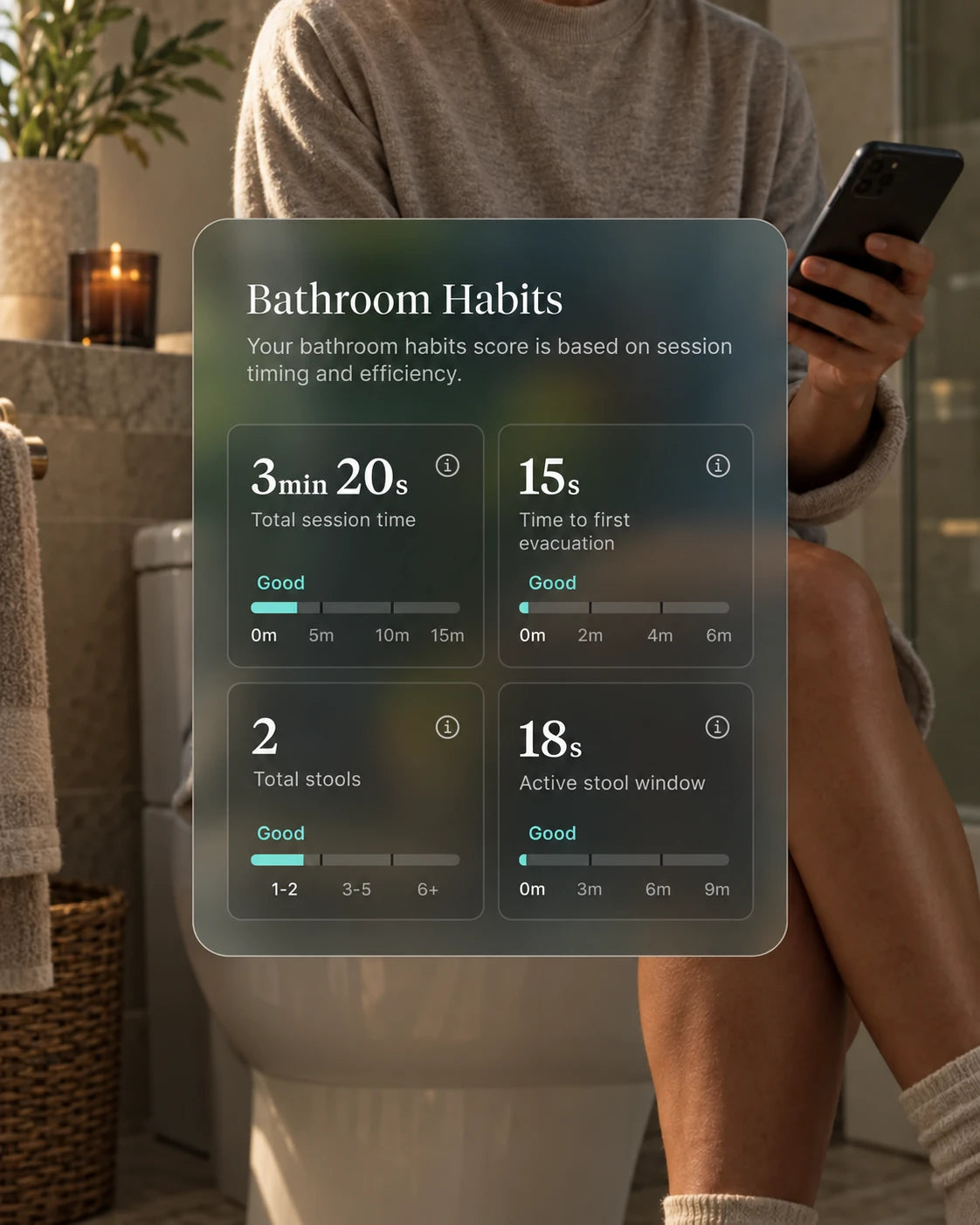 Throne app card showing bathroom habits for one visit: 3 minutes 20 seconds total session time, 15 seconds to first evacuation, 2 stools and an 18-second active stool window