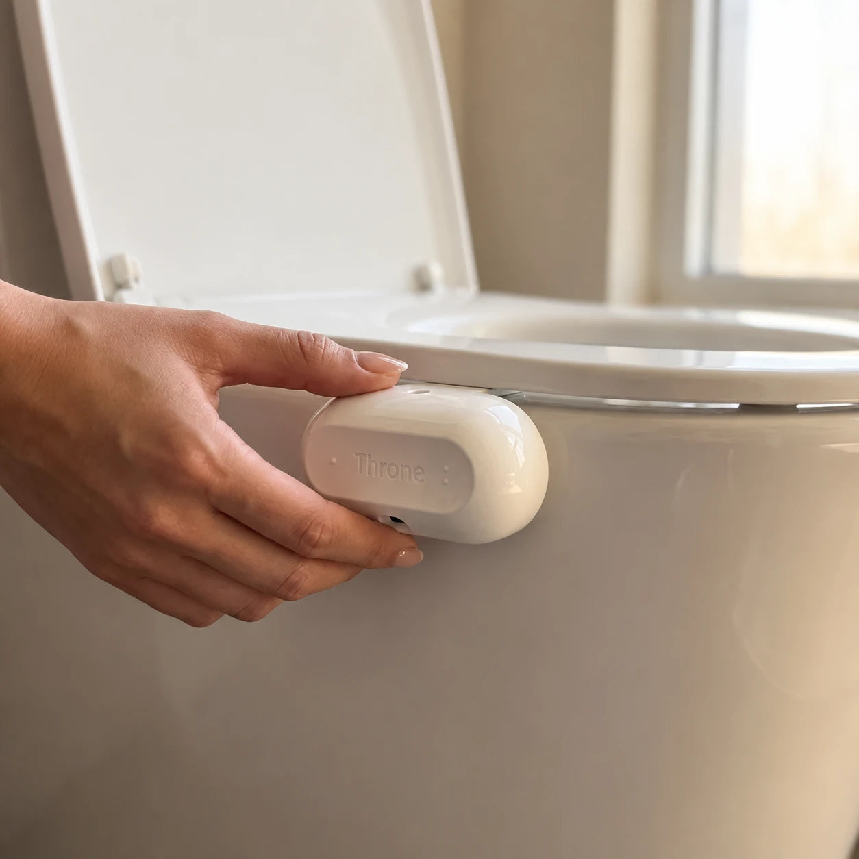A hand resting on Throne, mounted on the outside of a toilet bowl just beneath the seat