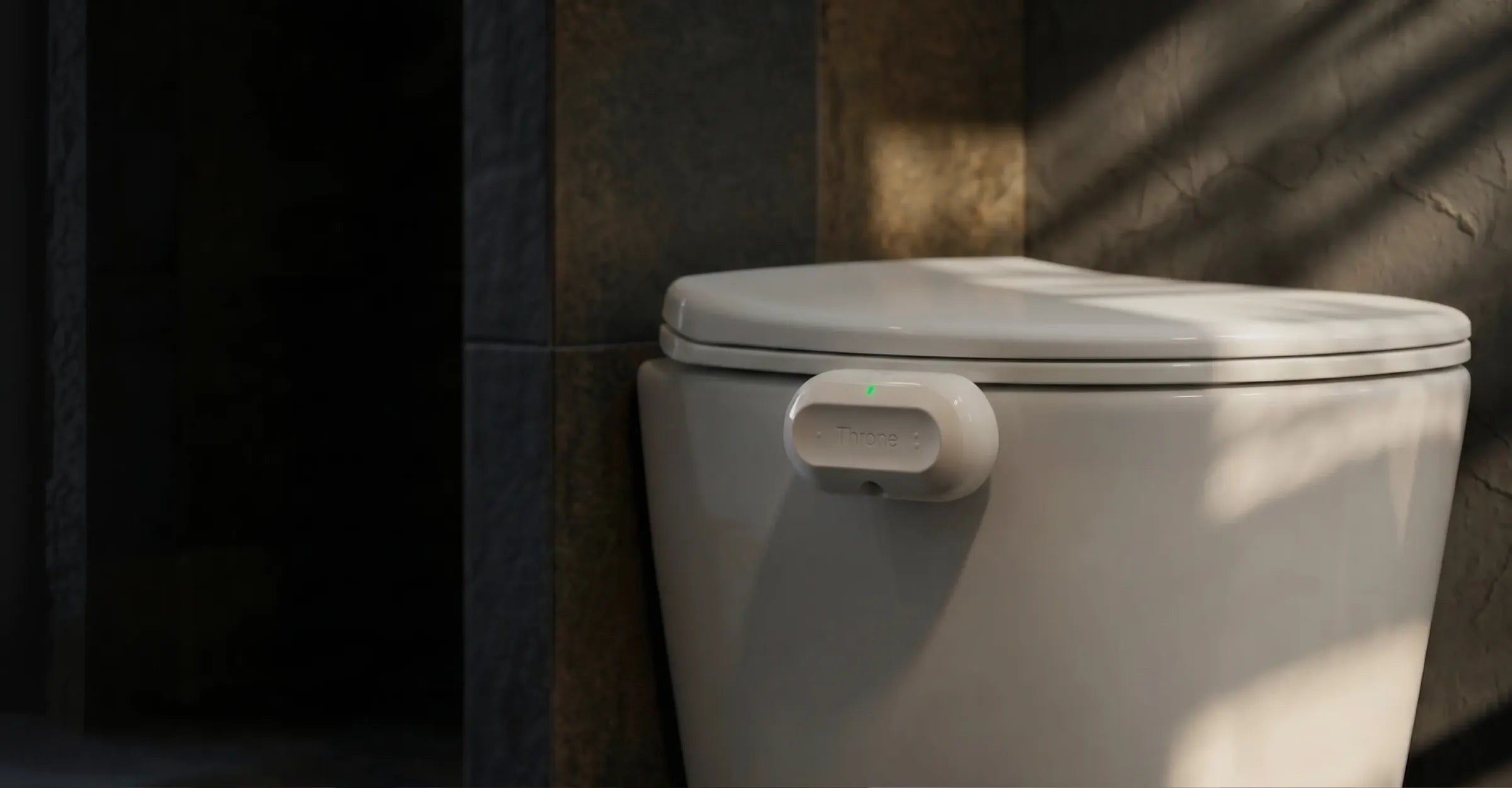 The Throne sensor clipped to a toilet in a sunlit bathroom
