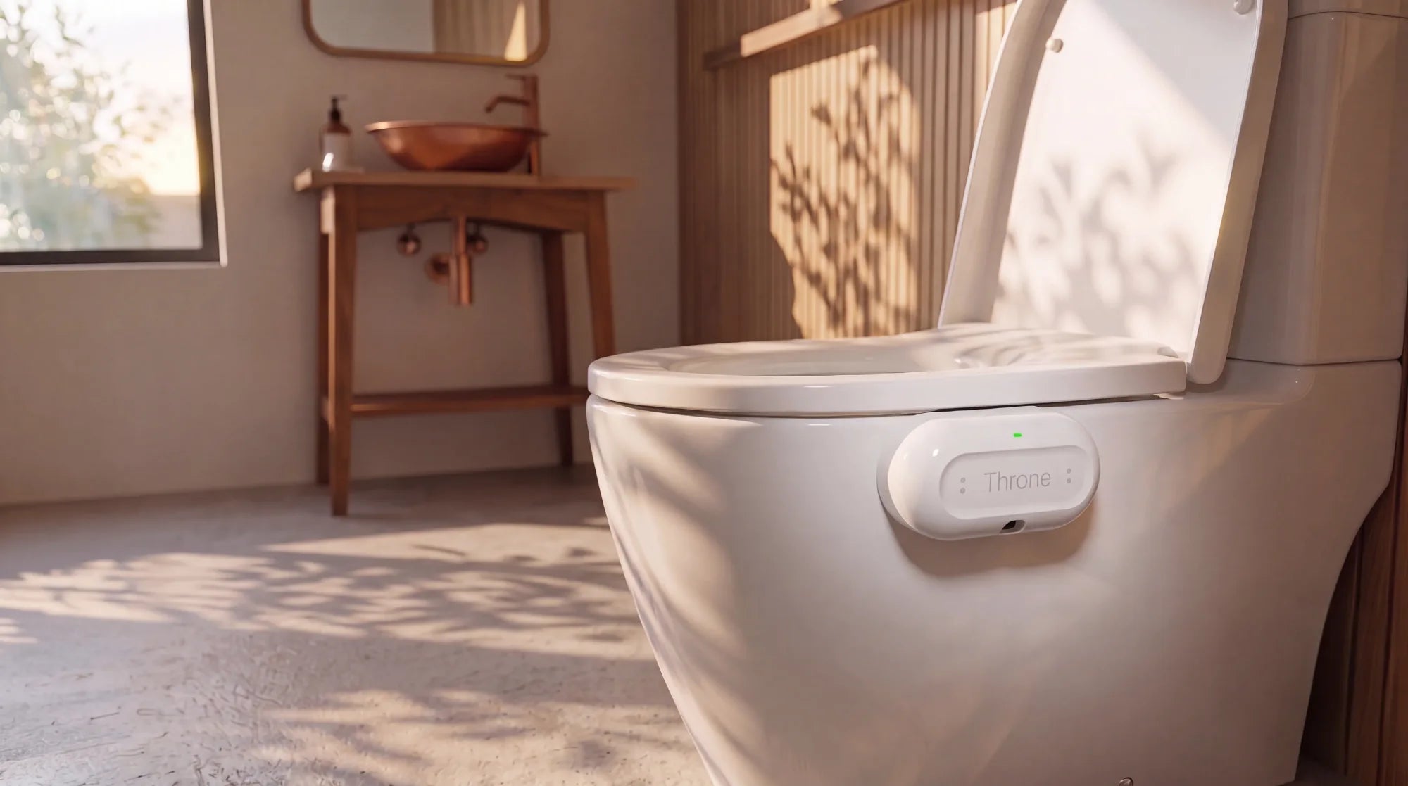 The Throne sensor clipped to a toilet in a sunlit bathroom