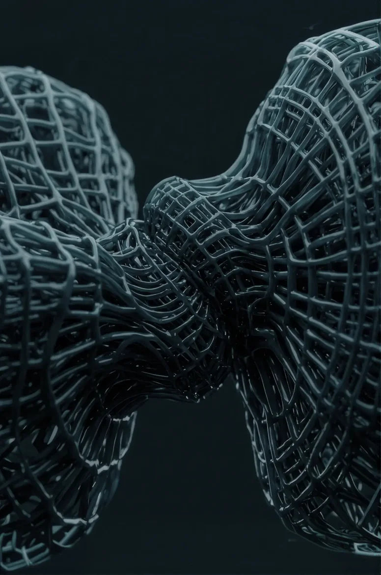 Two wireframe mesh forms meeting in the middle