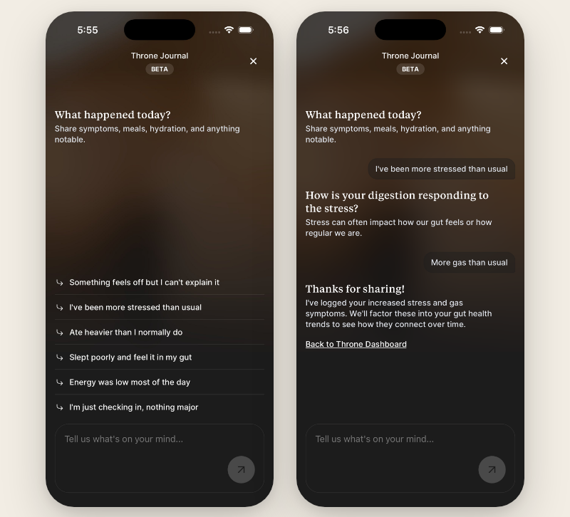Throne journal and Coach follow-up screens connecting daily habits to gut health