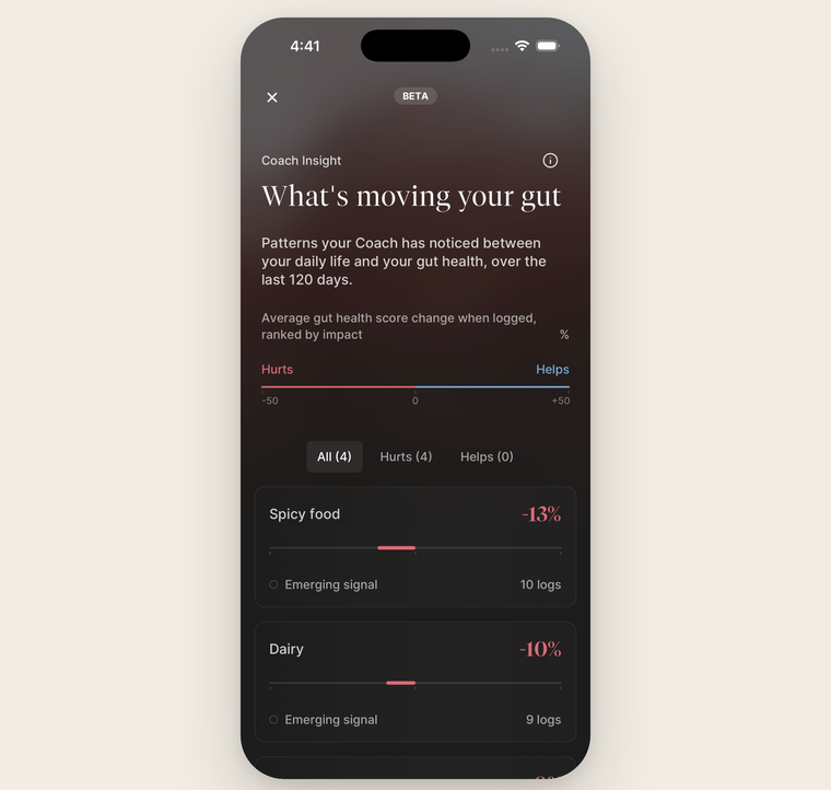 Throne Coach Insight screen ranking patterns that help and hurt gut health