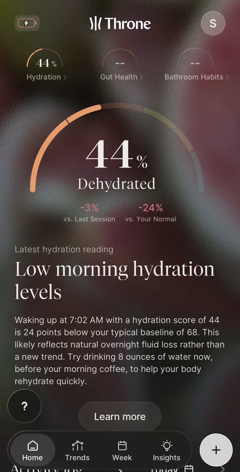 Throne app showing a 44 percent hydration score and morning hydration coaching